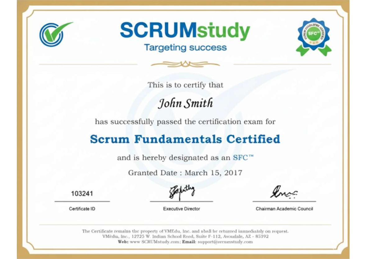 Exemple de certificat officiel Scrum Fundamentals Certified (SFC)