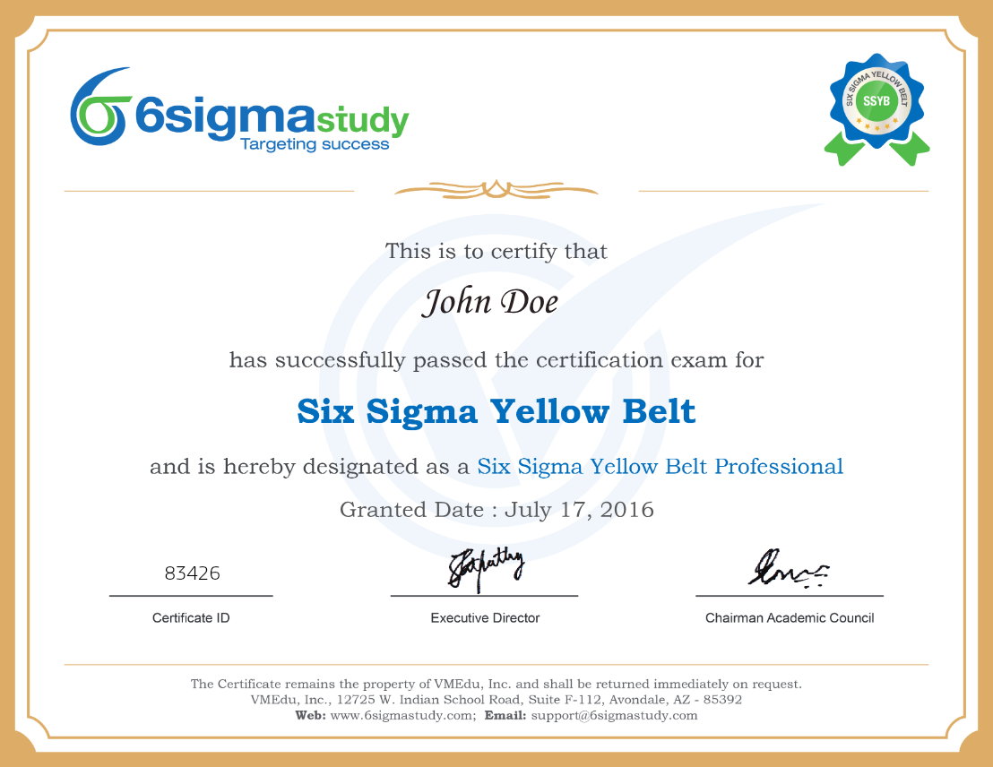 Exemple de certificat officiel Six Sigma Yellow Belt (SSYB)