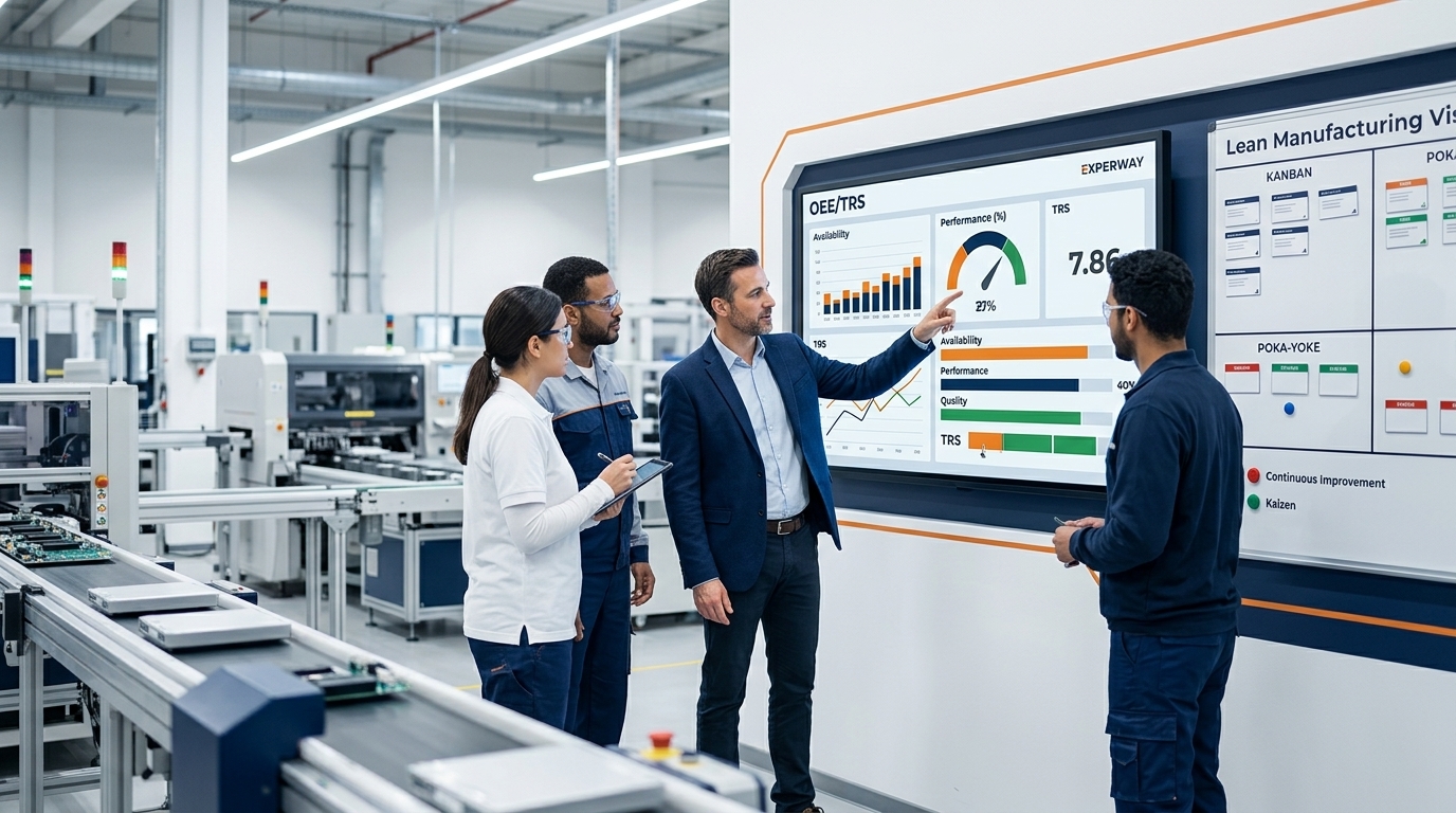 Équipe industrielle analysant le TRS et les pertes de performance d’une ligne de production